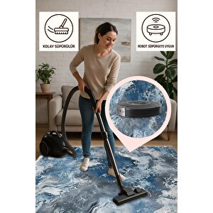 Pamuk Dokuma Taban Halı – Mavi; Beyaz; Gri – Mermer Desen, Makinede Yıkanabilir, Kolay Temizlenebilir, Toz Ve Tüy Tutmaz, Kaymaz, Evcil Hayvan Dostu