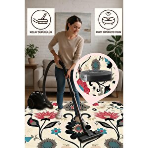 Pamuk Dokuma Taban Halı – Kırmızı; Siyah; Bej; Mavi – Çiçek Desen, Makinede Yıkanabilir, Kolay Temizlenebilir, Toz Ve Tüy Tutmaz, Kaymaz, Evcil Hayvan Dostu