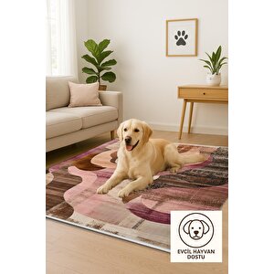 Oturma Odası Halısı – Kahverengi; Pembe – Soyut Desen, Makinede Yıkanabilir, Kolay Temizlenebilir, Toz Ve Tüy Tutmaz, Kaymaz, Evcil Hayvan Dostu 150x300 cm