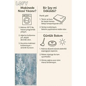 Pamuk Dokuma Taban Halı – Mavi; Beyaz – Damask Desen, Makinede Yıkanabilir, Kolay Temizlenebilir, Toz Ve Tüy Tutmaz, Kaymaz, Evcil Hayvan Dostu