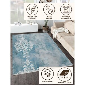 Pamuk Dokuma Taban Halı – Mavi; Beyaz – Damask Desen, Makinede Yıkanabilir, Kolay Temizlenebilir, Toz Ve Tüy Tutmaz, Kaymaz, Evcil Hayvan Dostu