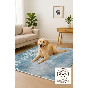 Pamuk Dokuma Taban Halı – Mavi; Beyaz – Damask Desen, Makinede Yıkanabilir, Kolay Temizlenebilir, Toz Ve Tüy Tutmaz, Kaymaz, Evcil Hayvan Dostu