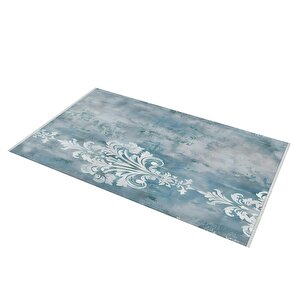 Pamuk Dokuma Taban Halı – Mavi; Beyaz – Damask Desen, Makinede Yıkanabilir, Kolay Temizlenebilir, Toz Ve Tüy Tutmaz, Kaymaz, Evcil Hayvan Dostu