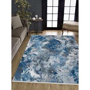 Pamuk Dokuma Taban Halı – Mavi; Beyaz; Gri – Mermer Desen, Makinede Yıkanabilir, Kolay Temizlenebilir, Toz Ve Tüy Tutmaz, Kaymaz, Evcil Hayvan Dostu 150x150 cm