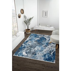 Pamuk Dokuma Taban Halı – Mavi; Beyaz; Gri – Mermer Desen, Makinede Yıkanabilir, Kolay Temizlenebilir, Toz Ve Tüy Tutmaz, Kaymaz, Evcil Hayvan Dostu 150x150 cm