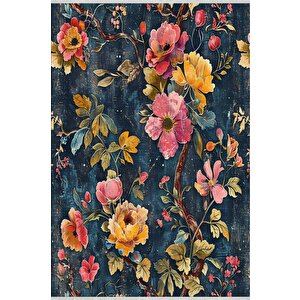Oturma Odası Halısı – Lacivert; Sarı – Çiçekli Desen, Makinede Yıkanabilir, Kolay Temizlenebilir, Toz Ve Tüy Tutmaz, Kaymaz, Evcil Hayvan Dostu 200x220 cm