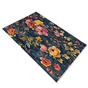 Oturma Odası Halısı – Lacivert; Sarı – Çiçekli Desen, Makinede Yıkanabilir, Kolay Temizlenebilir, Toz Ve Tüy Tutmaz, Kaymaz, Evcil Hayvan Dostu 200x220 cm