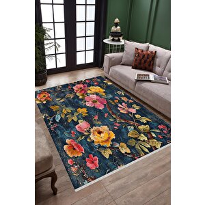 Oturma Odası Halısı – Lacivert; Sarı – Çiçekli Desen, Makinede Yıkanabilir, Kolay Temizlenebilir, Toz Ve Tüy Tutmaz, Kaymaz, Evcil Hayvan Dostu 200x220 cm