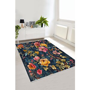Oturma Odası Halısı – Lacivert; Sarı – Çiçekli Desen, Makinede Yıkanabilir, Kolay Temizlenebilir, Toz Ve Tüy Tutmaz, Kaymaz, Evcil Hayvan Dostu