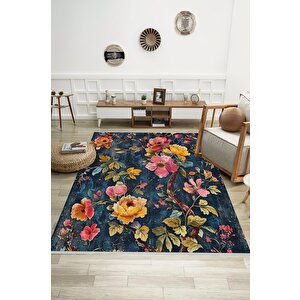 Oturma Odası Halısı – Lacivert; Sarı – Çiçekli Desen, Makinede Yıkanabilir, Kolay Temizlenebilir, Toz Ve Tüy Tutmaz, Kaymaz, Evcil Hayvan Dostu