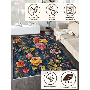 Oturma Odası Halısı – Lacivert; Sarı – Çiçekli Desen, Makinede Yıkanabilir, Kolay Temizlenebilir, Toz Ve Tüy Tutmaz, Kaymaz, Evcil Hayvan Dostu