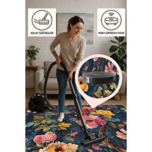Oturma Odası Halısı – Lacivert; Sarı – Çiçekli Desen, Makinede Yıkanabilir, Kolay Temizlenebilir, Toz Ve Tüy Tutmaz, Kaymaz, Evcil Hayvan Dostu