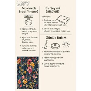 Oturma Odası Halısı – Lacivert; Sarı – Çiçekli Desen, Makinede Yıkanabilir, Kolay Temizlenebilir, Toz Ve Tüy Tutmaz, Kaymaz, Evcil Hayvan Dostu