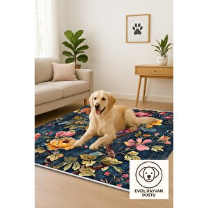 Oturma Odası Halısı – Lacivert; Sarı – Çiçekli Desen, Makinede Yıkanabilir, Kolay Temizlenebilir, Toz Ve Tüy Tutmaz, Kaymaz, Evcil Hayvan Dostu