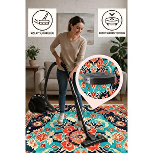 Pamuk Dokuma Taban Halı – Lacivert; Turkuaz; Kırmızı; Turuncu – Geleneksel Desen, Makinede Yıkanabilir, Kolay Temizlenebilir, Toz Ve Tüy Tutmaz, Kaymaz, Evcil Hayvan Dostu