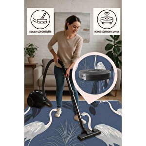 Pamuk Dokuma Taban Halı – Mavi; Beyaz; Siyah; Gri – Kuş Desen, Makinede Yıkanabilir, Kolay Temizlenebilir, Toz Ve Tüy Tutmaz, Kaymaz, Evcil Hayvan Dostu