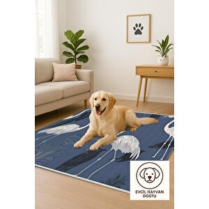 Pamuk Dokuma Taban Halı – Mavi; Beyaz; Siyah; Gri – Kuş Desen, Makinede Yıkanabilir, Kolay Temizlenebilir, Toz Ve Tüy Tutmaz, Kaymaz, Evcil Hayvan Dostu