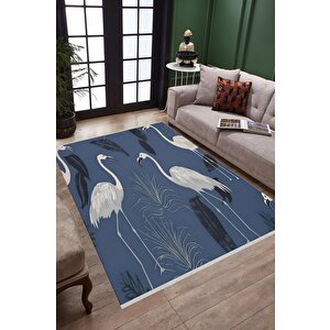 Pamuk Dokuma Taban Halı – Mavi; Beyaz; Siyah; Gri – Kuş Desen, Makinede Yıkanabilir, Kolay Temizlenebilir, Toz Ve Tüy Tutmaz, Kaymaz, Evcil Hayvan Dostu 200x350 cm