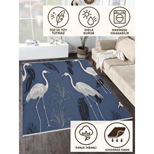 Pamuk Dokuma Taban Halı – Mavi; Beyaz; Siyah; Gri – Kuş Desen, Makinede Yıkanabilir, Kolay Temizlenebilir, Toz Ve Tüy Tutmaz, Kaymaz, Evcil Hayvan Dostu 200x350 cm