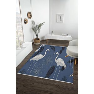 Pamuk Dokuma Taban Halı – Mavi; Beyaz; Siyah; Gri – Kuş Desen, Makinede Yıkanabilir, Kolay Temizlenebilir, Toz Ve Tüy Tutmaz, Kaymaz, Evcil Hayvan Dostu