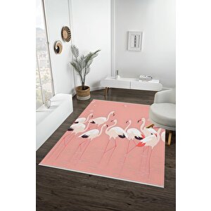 Pamuk Dokuma Taban Halı – Pembe; Beyaz; Siyah – Flamingo Desen, Makinede Yıkanabilir, Kolay Temizlenebilir, Toz Ve Tüy Tutmaz, Kaymaz, Evcil Hayvan Dostu