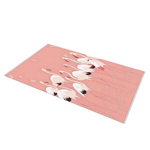 Pamuk Dokuma Taban Halı – Pembe; Beyaz; Siyah – Flamingo Desen, Makinede Yıkanabilir, Kolay Temizlenebilir, Toz Ve Tüy Tutmaz, Kaymaz, Evcil Hayvan Dostu