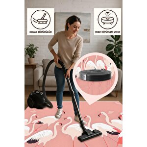 Pamuk Dokuma Taban Halı – Pembe; Beyaz; Siyah – Flamingo Desen, Makinede Yıkanabilir, Kolay Temizlenebilir, Toz Ve Tüy Tutmaz, Kaymaz, Evcil Hayvan Dostu