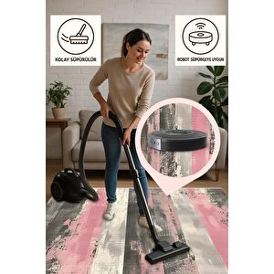 Yıkanabilir Halı – Pembe; Gri; Krem – Eskitilmiş Görünümlü Çizgili Desen, Pamuk Dokuma Taban, Kolay Temizlenebilir, Toz Ve Tüy Tutmaz, Kaymaz, Evcil Hayvan Dostu