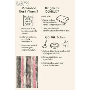 Yıkanabilir Halı – Pembe; Gri; Krem – Eskitilmiş Görünümlü Çizgili Desen, Pamuk Dokuma Taban, Kolay Temizlenebilir, Toz Ve Tüy Tutmaz, Kaymaz, Evcil Hayvan Dostu