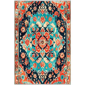 Pamuk Dokuma Taban Halı – Lacivert; Turkuaz; Kırmızı; Turuncu – Geleneksel Desen, Makinede Yıkanabilir, Kolay Temizlenebilir, Toz Ve Tüy Tutmaz, Kaymaz, Evcil Hayvan Dostu 200x350 cm
