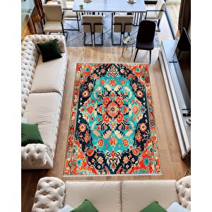 Pamuk Dokuma Taban Halı – Lacivert; Turkuaz; Kırmızı; Turuncu – Geleneksel Desen, Makinede Yıkanabilir, Kolay Temizlenebilir, Toz Ve Tüy Tutmaz, Kaymaz, Evcil Hayvan Dostu 150x240 cm