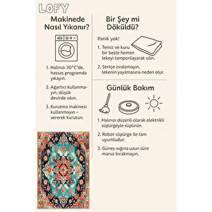 Pamuk Dokuma Taban Halı – Lacivert; Turkuaz; Kırmızı; Turuncu – Geleneksel Desen, Makinede Yıkanabilir, Kolay Temizlenebilir, Toz Ve Tüy Tutmaz, Kaymaz, Evcil Hayvan Dostu