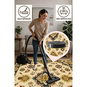 Pamuk Dokuma Taban Halı – Yeşil, Sarı, Kırmızı, Fildişi – Oriental Desen, Makinede Yıkanabilir, Kolay Temizlenebilir, Toz Ve Tüy Tutmaz, Kaymaz, Evcil Hayvan Dostu