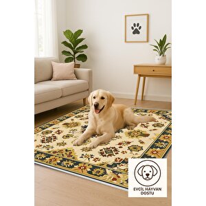 Pamuk Dokuma Taban Halı – Yeşil, Sarı, Kırmızı, Fildişi – Oriental Desen, Makinede Yıkanabilir, Kolay Temizlenebilir, Toz Ve Tüy Tutmaz, Kaymaz, Evcil Hayvan Dostu