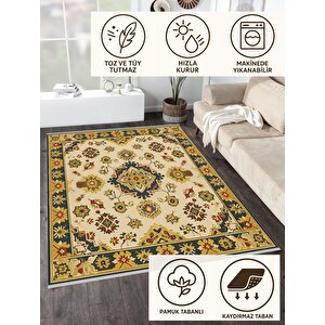 Pamuk Dokuma Taban Halı – Yeşil, Sarı, Kırmızı, Fildişi – Oriental Desen, Makinede Yıkanabilir, Kolay Temizlenebilir, Toz Ve Tüy Tutmaz, Kaymaz, Evcil Hayvan Dostu