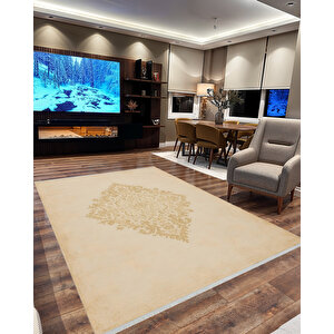 Pamuk Dokuma Taban Halı – Bej; Altın Sarısı – Geleneksel Desen, Makinede Yıkanabilir, Kolay Temizlenebilir, Toz Ve Tüy Tutmaz, Kaymaz, Evcil Hayvan Dostu 100x100 cm