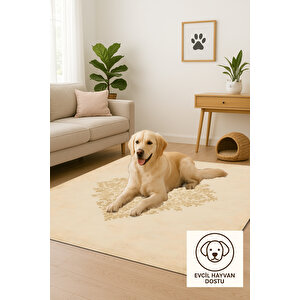 Pamuk Dokuma Taban Halı – Bej; Altın Sarısı – Geleneksel Desen, Makinede Yıkanabilir, Kolay Temizlenebilir, Toz Ve Tüy Tutmaz, Kaymaz, Evcil Hayvan Dostu