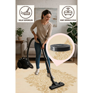 Pamuk Dokuma Taban Halı – Bej; Altın Sarısı – Geleneksel Desen, Makinede Yıkanabilir, Kolay Temizlenebilir, Toz Ve Tüy Tutmaz, Kaymaz, Evcil Hayvan Dostu