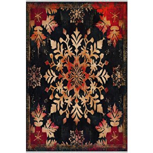 Pamuk Dokuma Taban Halı – Siyah; Kırmızı; Bej – Floral Desen, Makinede Yıkanabilir, Kolay Temizlenebilir, Toz Ve Tüy Tutmaz, Kaymaz, Evcil Hayvan Dostu 150x240 cm
