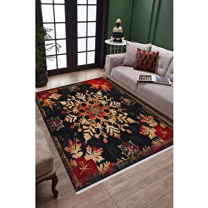 Pamuk Dokuma Taban Halı – Siyah; Kırmızı; Bej – Floral Desen, Makinede Yıkanabilir, Kolay Temizlenebilir, Toz Ve Tüy Tutmaz, Kaymaz, Evcil Hayvan Dostu 150x240 cm