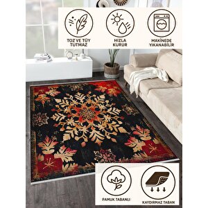 Pamuk Dokuma Taban Halı – Siyah; Kırmızı; Bej – Floral Desen, Makinede Yıkanabilir, Kolay Temizlenebilir, Toz Ve Tüy Tutmaz, Kaymaz, Evcil Hayvan Dostu 150x240 cm
