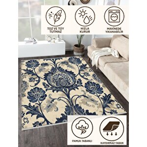 Robot Süpürgeye Uygun Halı – Pamuk Dokuma Taban Halı – Lacivert; Bej; Gri – Geleneksel Floral Tasarım, Makinede Yıkanabilir, Kolay Temizlenebilir, Toz Ve Tüy Tutmaz, Kaymaz, Evcil Hayvan Dostu