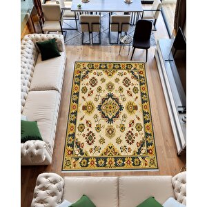 Pamuk Dokuma Taban Halı – Yeşil, Sarı, Kırmızı, Fildişi – Oriental Desen, Makinede Yıkanabilir, Kolay Temizlenebilir, Toz Ve Tüy Tutmaz, Kaymaz, Evcil Hayvan Dostu 200x220 cm