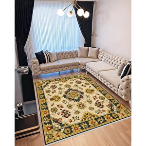 Pamuk Dokuma Taban Halı – Yeşil, Sarı, Kırmızı, Fildişi – Oriental Desen, Makinede Yıkanabilir, Kolay Temizlenebilir, Toz Ve Tüy Tutmaz, Kaymaz, Evcil Hayvan Dostu 200x220 cm