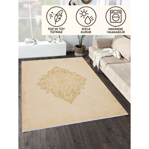Pamuk Dokuma Taban Halı – Bej; Altın Sarısı – Geleneksel Desen, Makinede Yıkanabilir, Kolay Temizlenebilir, Toz Ve Tüy Tutmaz, Kaymaz, Evcil Hayvan Dostu 100x180 cm
