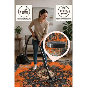 Pamuk Dokuma Taban Halı – Turuncu; Siyah; Krem – Eskitilmiş Görünümlü Oriental Desen, Makinede Yıkanabilir, Kolay Temizlenebilir, Toz Ve Tüy Tutmaz, Kaymaz, Evcil Hayvan Dostu
