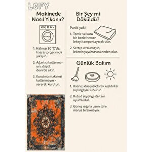 Pamuk Dokuma Taban Halı – Turuncu; Siyah; Krem – Eskitilmiş Görünümlü Oriental Desen, Makinede Yıkanabilir, Kolay Temizlenebilir, Toz Ve Tüy Tutmaz, Kaymaz, Evcil Hayvan Dostu