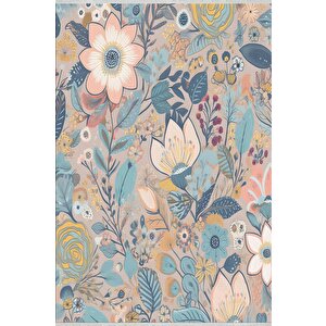 Pamuk Dokuma Taban Halı – Mavi; Sarı; Pembe; Turuncu – Floral Desen, Makinede Yıkanabilir, Kolay Temizlenebilir, Toz Ve Tüy Tutmaz, Kaymaz, Evcil Hayvan Dostu 80x80 cm