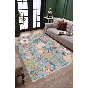 Pamuk Dokuma Taban Halı – Mavi; Sarı; Pembe; Turuncu – Floral Desen, Makinede Yıkanabilir, Kolay Temizlenebilir, Toz Ve Tüy Tutmaz, Kaymaz, Evcil Hayvan Dostu 80x80 cm