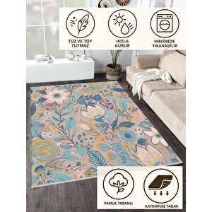 Pamuk Dokuma Taban Halı – Mavi; Sarı; Pembe; Turuncu – Floral Desen, Makinede Yıkanabilir, Kolay Temizlenebilir, Toz Ve Tüy Tutmaz, Kaymaz, Evcil Hayvan Dostu 80x80 cm